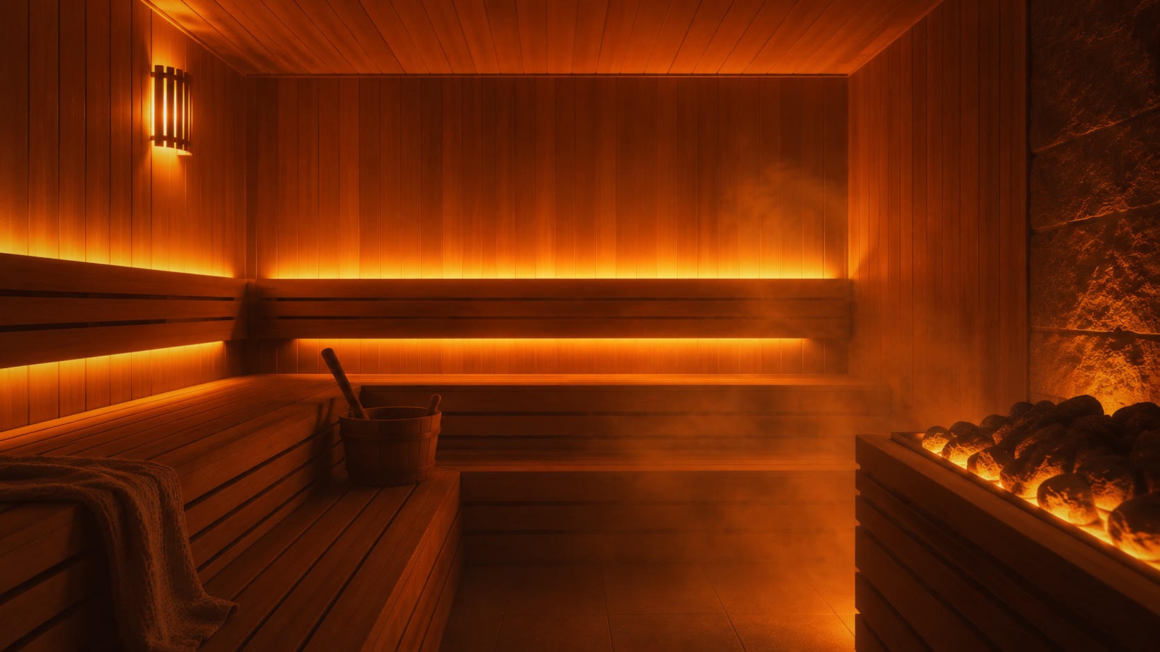 A warm wooden sauna interior with tiered benches, ambient orange lighting, visible steam, and a stone wall with glowing heating elements on the right.